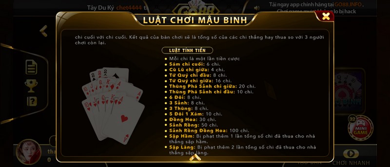 Cách tính điểm trong dòng game mậu binh Go88