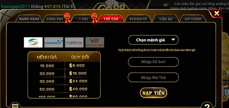 Nạp tiền Go88 thông qua thẻ cào thành công nhanh chóng