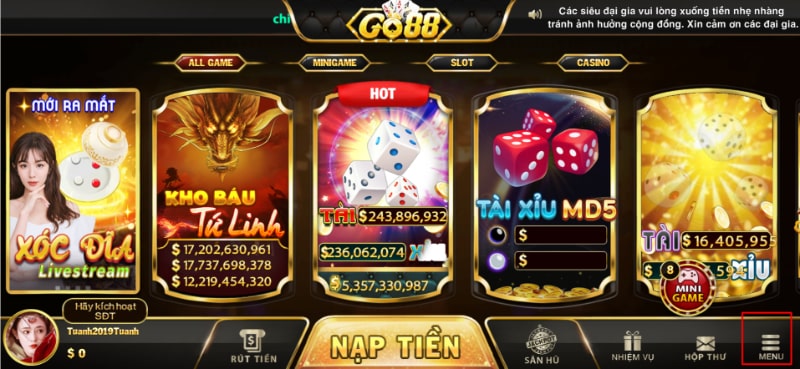 Khu vực menu trên giao diện chính cổng game Go88